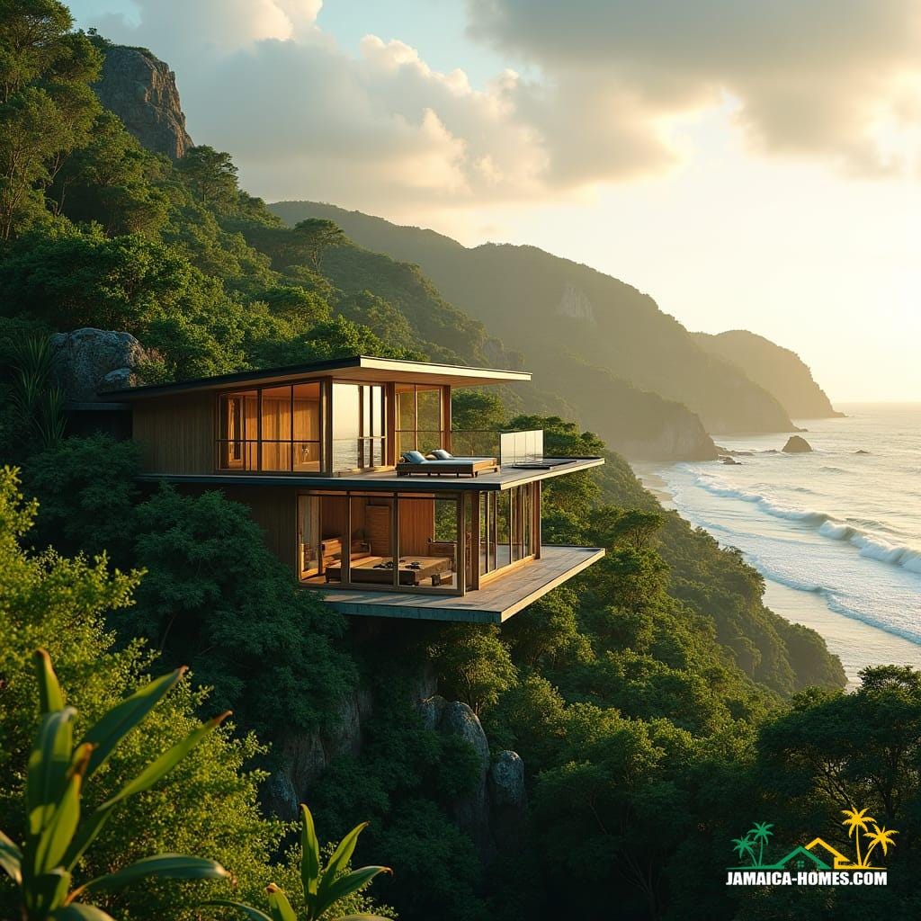 A majestic, eco-friendly resort in Jamaica's lush tropical landscape, seamlessly blending into the surrounding environment