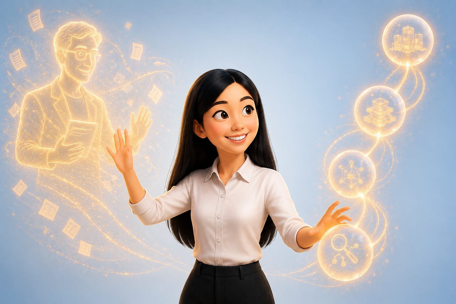 A female figure standing with a glowing mentor silhouette on the left and four connected AI tool orbs on the right — representing the Perplexity, NotebookLM, Build to Launch MCP, and Claude loop from Session 02 of the Practical AI Builder Program. Build to Launch by Jenny Ouyang.