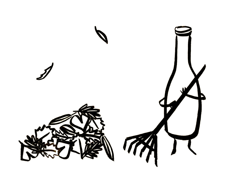 An anthropomorphic wine bottle rakes leaves