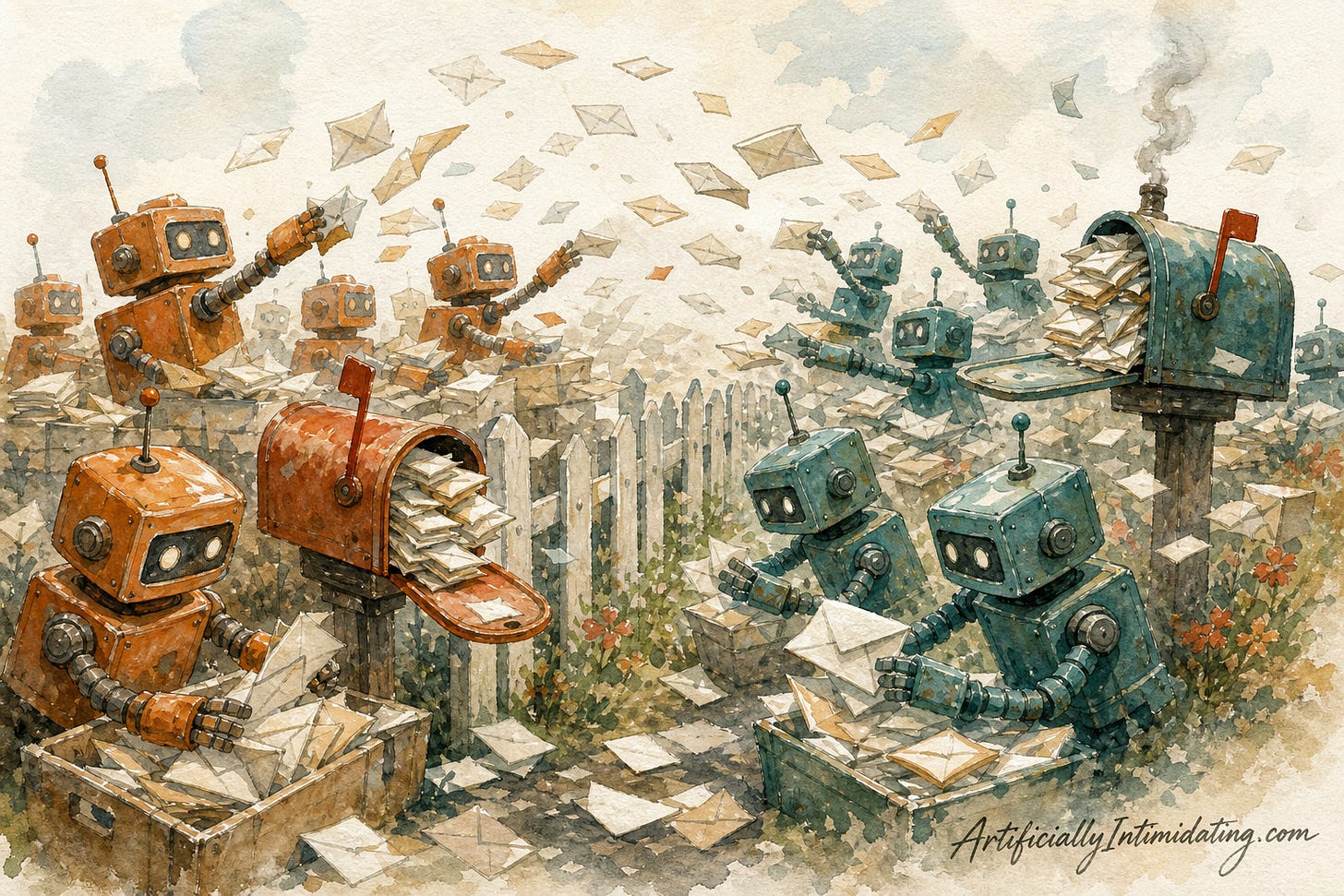 Watercolor illustration: two rows of robots hurl streams of envelopes at each other over a garden fence, both mailboxes overflowing with paper, one gently smoking.