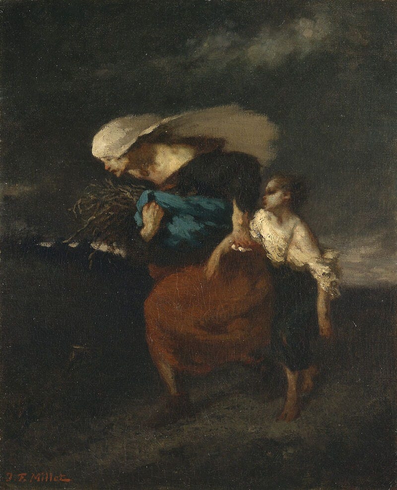 french impressionist painting of a woman and her son fleeing a dark stormcloud