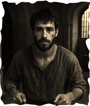 Create a realistic image of the same man from the previous image, keeping his exact facial structure and features but now appearing around age 18–20. He should have a noticeably younger face with smoother skin, less pronounced jawline, and a more innocent or earnest expression. His beard should be patchy and less developed, suggesting early growth. Depict him as a poor medieval worker in a scullery, carrying two wooden buckets of water with a yoke. Show him in a different pose, wearing worn, simple clothing appropriate to a low-status laborer, in a dim, gritty scullery environment.