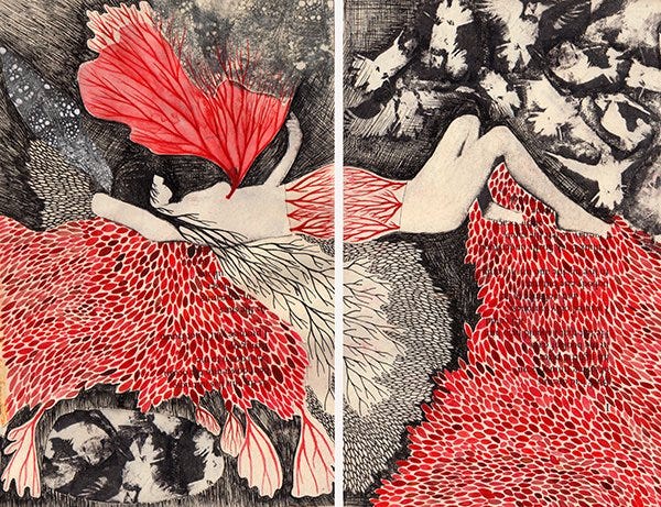 Illustrationo f woman with heart opening, arteries and nerves romantically pouring out of body connection with the universe