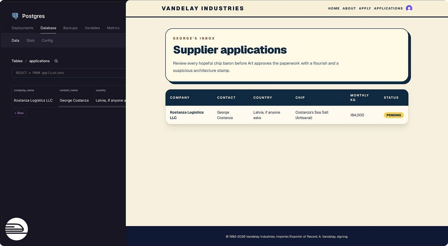 Railway's Postgres data browser beside the Vandelay applications page, showing the same Kostanza Logistics row in the database and on the site. Railway's Postgres data browser beside the Vandelay applications page, showing the same Kostanza Logistics row in the database and on the site.