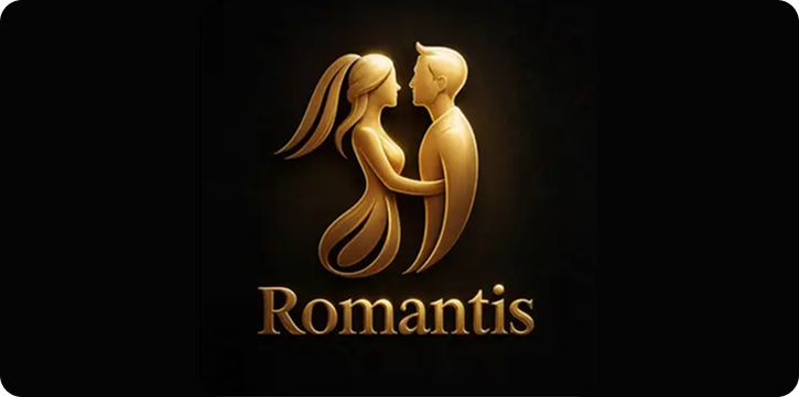 Klub Romantis logo: a polished 3D gold emblem of a stylized couple — long-haired woman and short-haired man facing each other, hands joined, silhouettes forming a symmetrical heart-shaped negative space — above the gold serif wordmark "Romantis" on a black background, used as the brand mark for the Klub Romantis dating and relationship community. Klub Romantis logo: a polished 3D gold emblem of a stylized couple — long-haired woman and short-haired man facing each other, hands joined, silhouettes forming a symmetrical heart-shaped negative space — above the gold serif wordmark "Romantis" on a black background, used as the brand mark for the Klub Romantis dating and relationship community.
