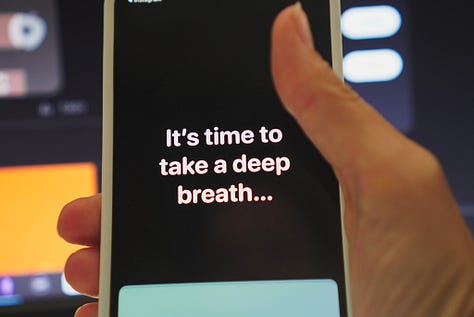 photos of my thumb nearly tapping instagram, one showing the time limit prompt and one showing the prompt to take a deep breath.