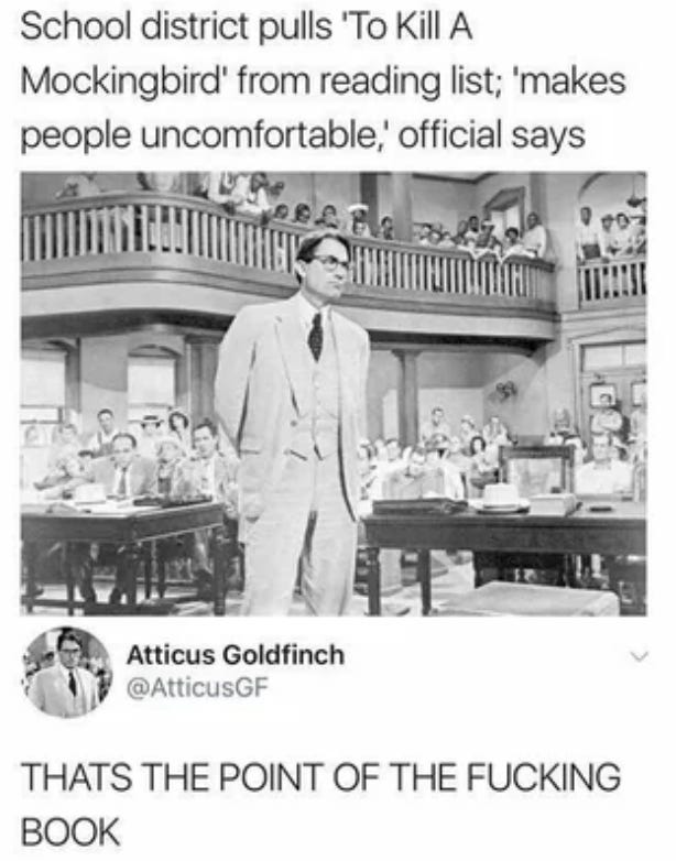 Black and white scene from "TO Kill a Mockingbird" court scene. Text: School district pulls 'To Kill a Mockingbird' from reading list; 'makes people uncomfortable' official says. Below, a social media post from Atticus Goldfinch that says THAT'S THE POINT OF THE FUCKING BOOK