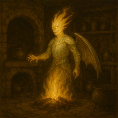 Inside the ruined kitchen of Argynvostholt, a spectral cookfire elemental rises from a shattered hearth. Its form is composed of flickering ghost-flame — translucent reds, oranges, and pale blues — shaped like a humanoid figure with a roaring flame for a head and arms trailing smoke. The kitchen is crumbling, with broken shelves, rusted pots, and soot-stained stone walls. A cracked cauldron sits nearby, glowing faintly with residual heat. The elemental stirs the air with a ladle made of ember-light, and its presence casts eerie illumination across the ruined space. The atmosphere is haunting, whimsical, and steeped in forgotten warmth.