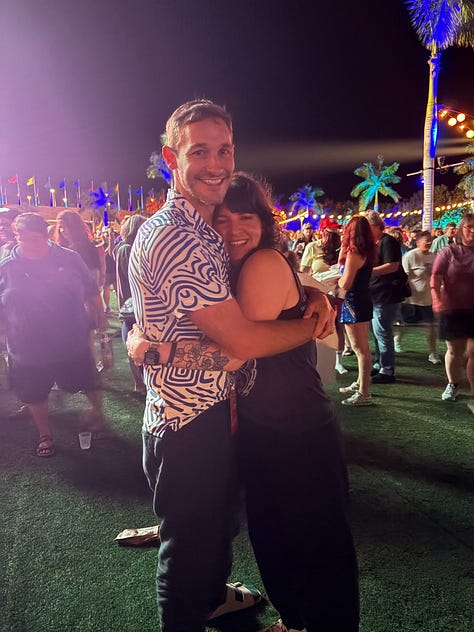 Photos of Meg & Ryan in the palm trees, at Charlize Theron's studio 54 themed house party, at a concert, at The Magic Castle where Meg wears a red sequin gown