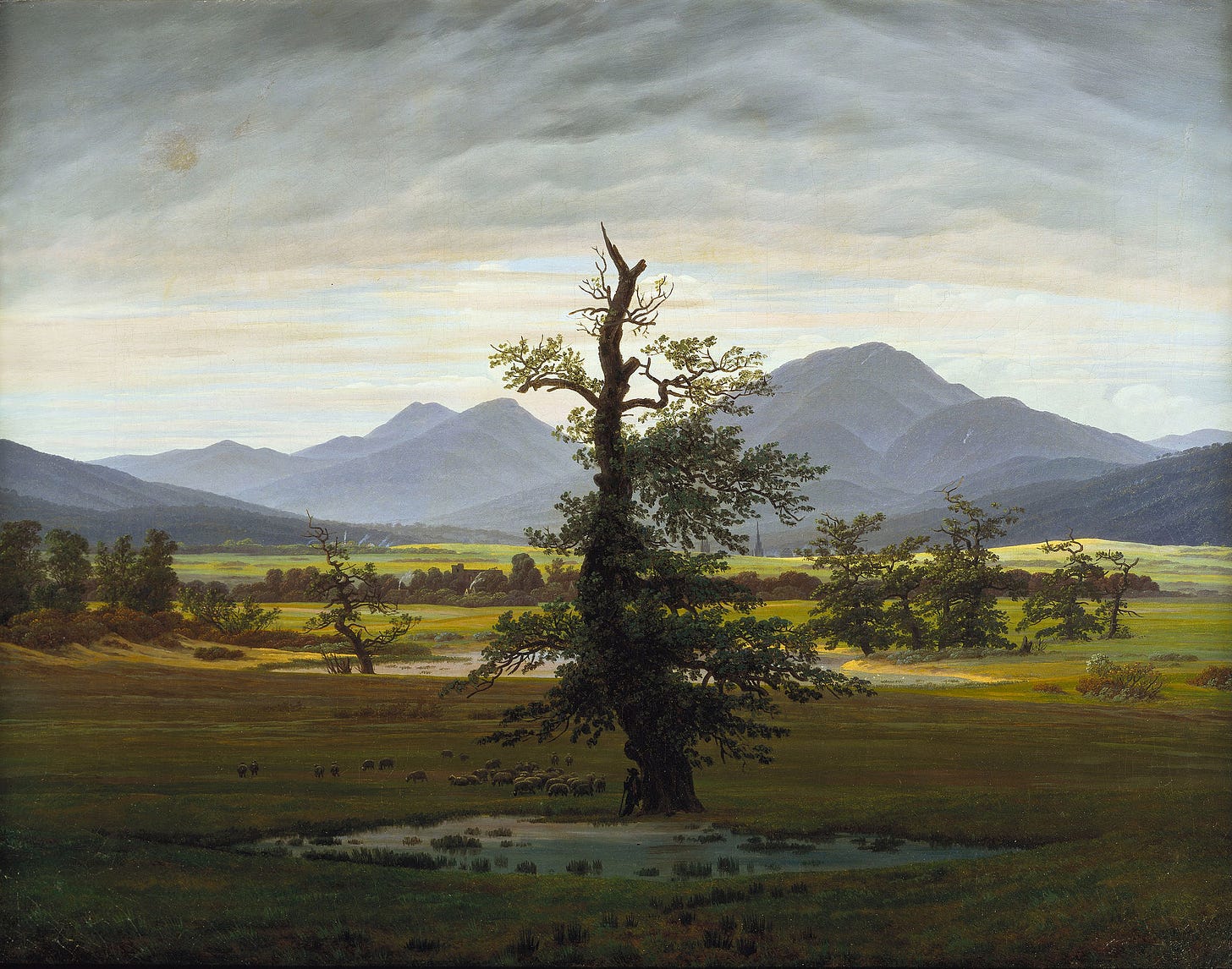 Painting of a natural landscape, with one lonely tree at its center and other trees, as well as a pond and a mountain range, visible in the distance Painting of a natural landscape, with one lonely tree at its center and other trees, as well as a pond and a mountain range, visible in the distance