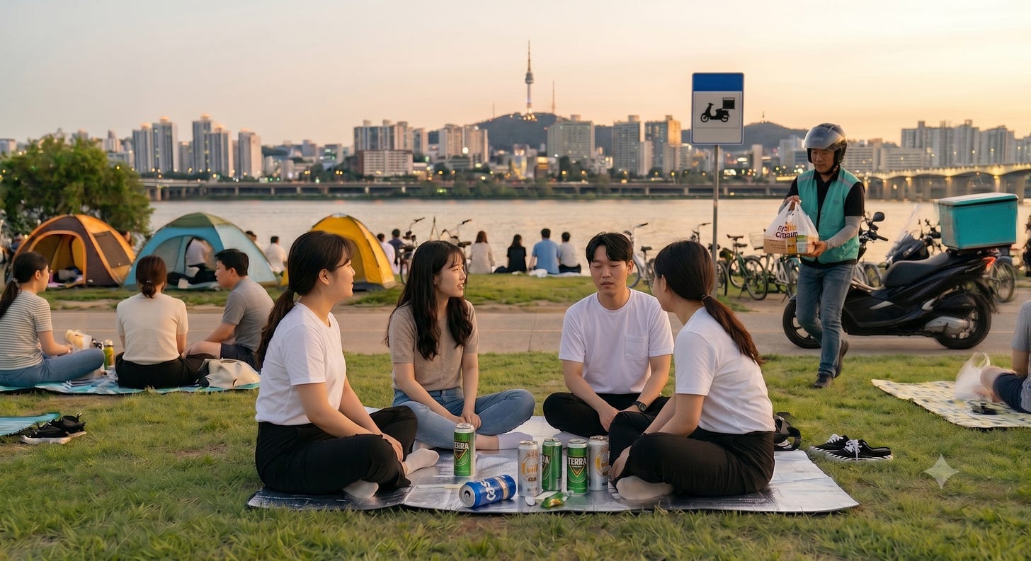 A wide shot of a group of four young adults, two men and two women, sitting spaced out comfortably on a picnic mat in a grassy park by the Han River in Seoul during sunset. They are waiting for their food, with a few canned drinks placed in the center of the mat. On the right, a delivery rider wearing a helmet and a mint-green vest approaches them on foot, holding a plastic bag of food. In the background, other people are relaxing near colorful tents, with a delivery motorcycle parked nearby, and the city skyline featuring the N Seoul Tower visible across the river under a warm evening sky.