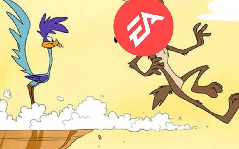 The logo of EA on Wile E. Coyote's head as he zips off a cliff