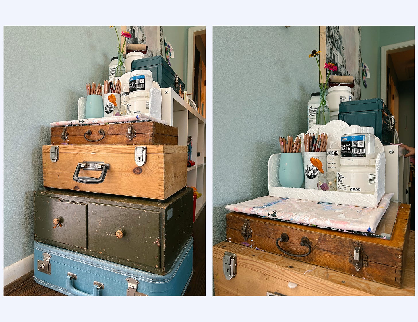 Top to bottom, a shelf handmade from repurposed cardboard boxes that holds colored pencils and supplies, a piece of hand dyed cotton fabric that keeps my table free of paint, my glass pallet, paintbrushes, kids craft supplies, paint and the blue suitcase holds extra watercolor paper and printmaking blocks. Top to bottom, a shelf handmade from repurposed cardboard boxes that holds colored pencils and supplies, a piece of hand dyed cotton fabric that keeps my table free of paint, my glass pallet, paintbrushes, kids craft supplies, paint and the blue suitcase holds extra watercolor paper and printmaking blocks.
