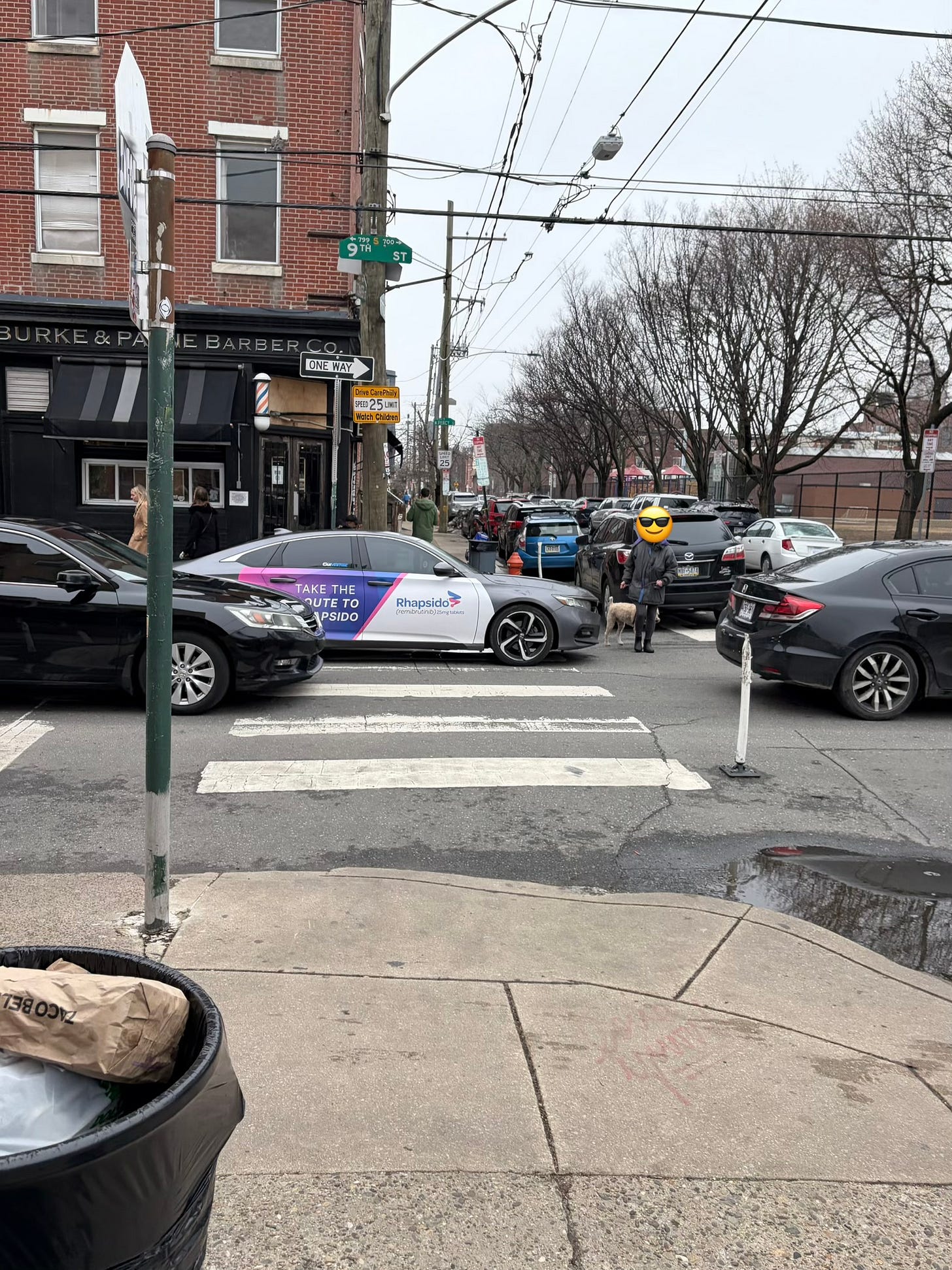 A photo from the corner of 9th St and Fitzwater. Cars have driven over installed flexposts and are parked on top of the crosswalk, in front of hydrants, blocking vehicle lanes, etc.