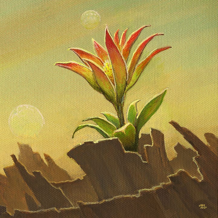 LEFT: Figure detail from EFFLORESCENT featuring a woman floating off the edge of a rock formation. She holds a book in her hand. Her brown robe is decorated with many baubles including a medal hung on a red silk ribbon.  RIGHT: Foreground detail from EFFLORESCENT featuring an enormous flower blooming out of a cylinder of rock. The tips of its long, upward reaching petals are red with a gradient blending to orange then yellow and eventually green as they reach the stalk. A moon hangs low in the sky giving the impression that the flower is reaching out to embrace it. Another descends lower over craggy mountains to the left.