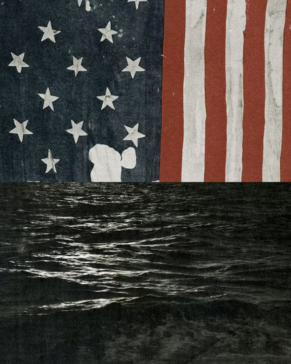 A diptych of the American flag and a stormy sea