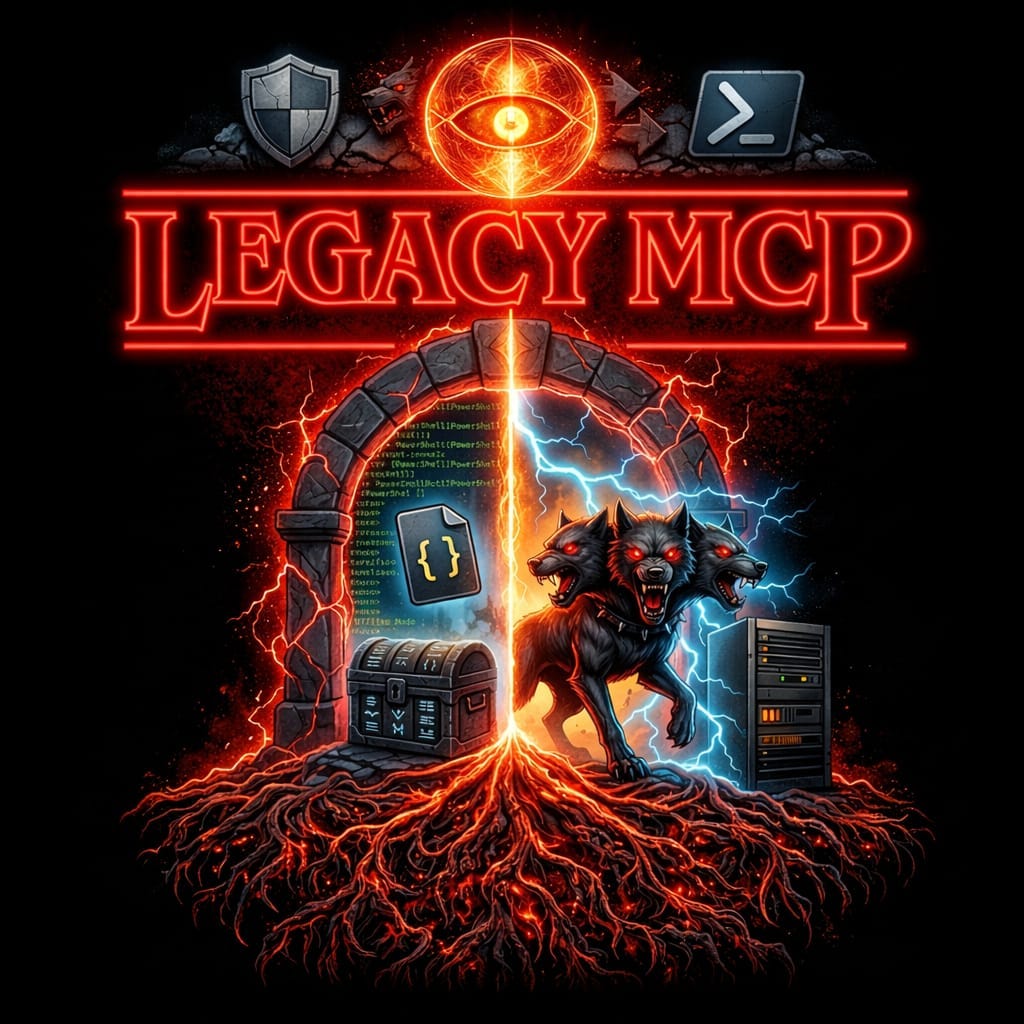 Illustration featuring the title “LEGACY MCP” in red neon style. At the centre there is a stone portal split vertically. On one side, graphical elements related to code and data analysis are shown, on the other a server and a three‑headed mythological creature. Beneath the portal, a glowing root system spreads outward.