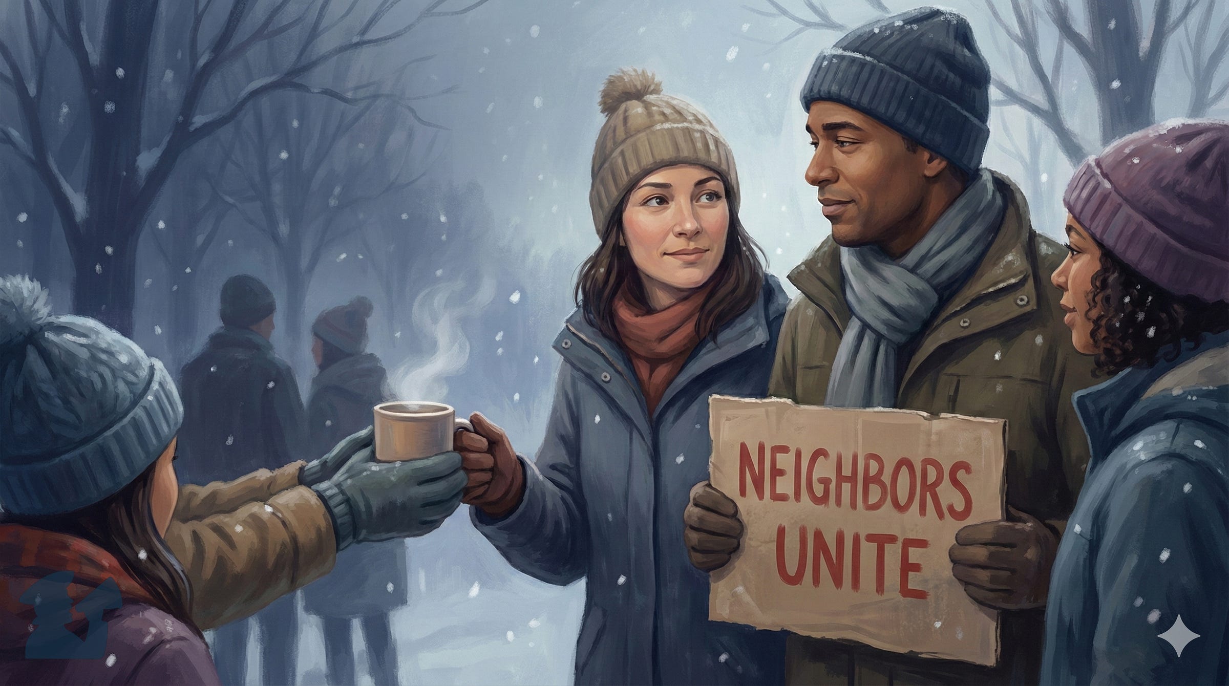 Painterly illustration of neighbors in winter clothing standing together, hands holding a sign and sharing a warm drink, showing calm community solidarity.