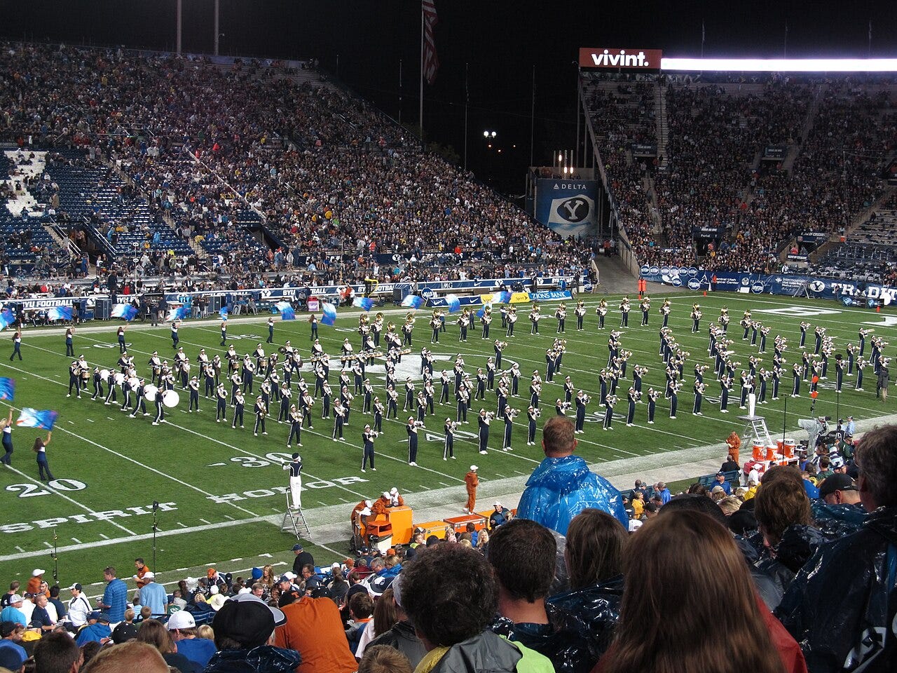 Photo: Ken Lund from Reno, Nevada, USA / Wikimedia Commons (CC BY-SA 2.0) Known today as the "Power of the Wasatch", The BYU Cougar Marching Band was first organized in 1908 by Robert Sauer who wrote the well known tune "When It's Springtime in the Rockies". Years later, in 1943, the band was found as part of the school´s