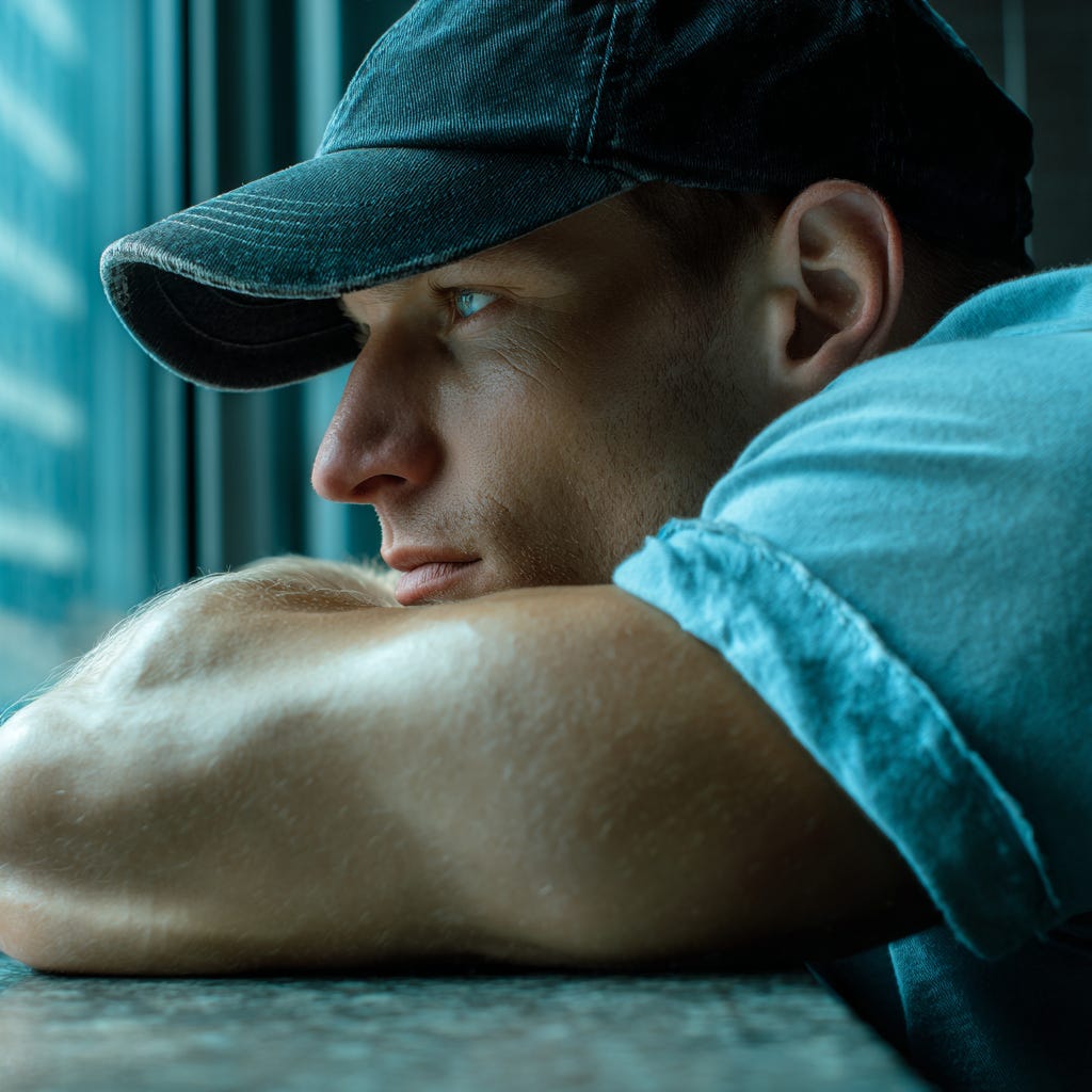 Strong, fit man wearing a light blue t-shirt waiting patiently for meal-time, staring out the window.