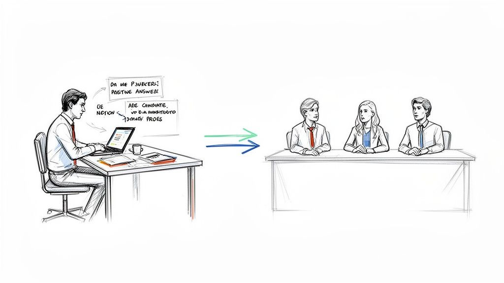 A person types on a laptop, preparing for a job interview with a panel of three.