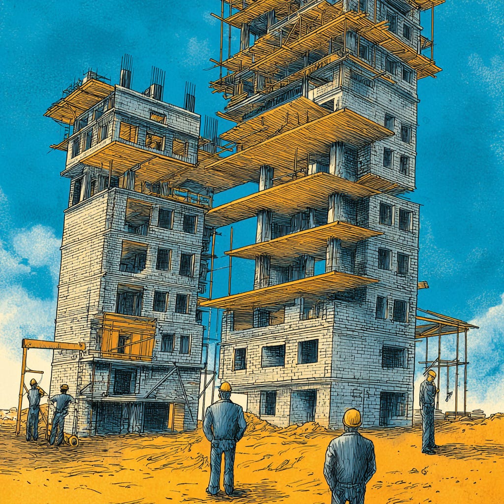Two partially built buildings rise from a construction site with missing supports and suspended platforms. Workers stand below observing the unstable structure, illustrating systems that have lost their constraints.