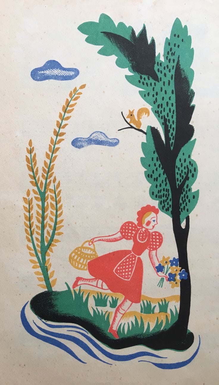 This may contain: an image of a woman walking in the grass near a tree and bird flying over her head This may contain: an image of a woman walking in the grass near a tree and bird flying over her head