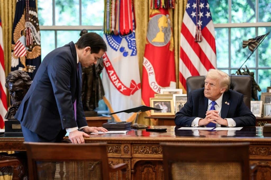 President Donald Trump meets with Secretary of State Marco Rubio to discuss the U.S. peace plan for Gaza in the Oval Office, Friday, October 3, 2025. (Official White House Photo by Molly Riley) President Donald Trump meets with Secretary of State Marco Rubio to discuss the U.S. peace plan for Gaza in the Oval Office, Friday, October 3, 2025. (Official White House Photo by Molly Riley)