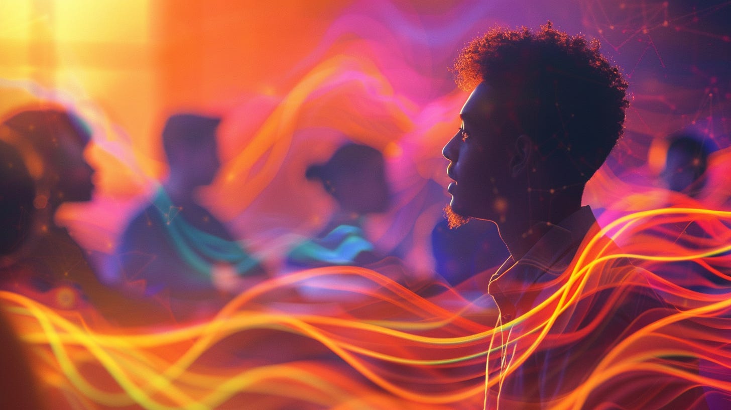 A student in profile sits in a classroom surrounded by flowing bands of colorful light, suggesting changing attention, energy, and stimulation during learning. A student in profile sits in a classroom surrounded by flowing bands of colorful light, suggesting changing attention, energy, and stimulation during learning.