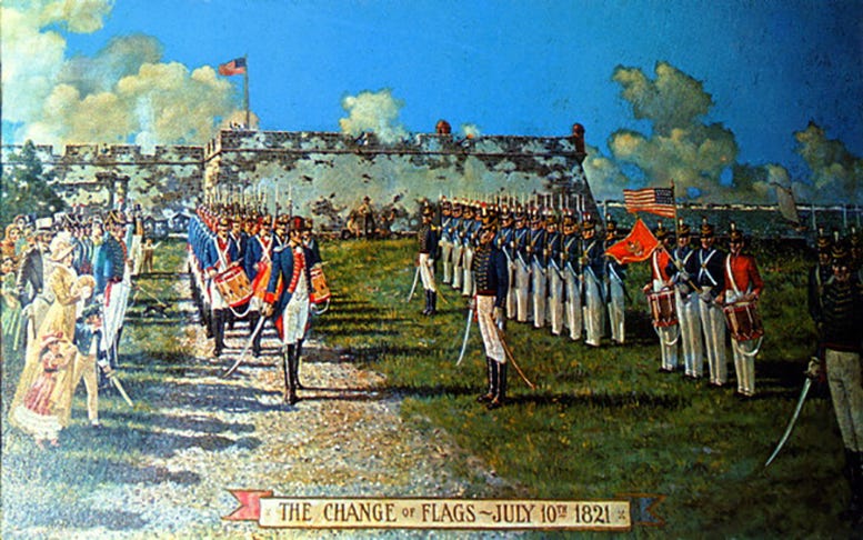 Depiction of the first ceremony in Saint Augustine on July 10, 1821, of the changing of the flags. Depiction of the first ceremony in Saint Augustine on July 10, 1821, of the changing of the flags.