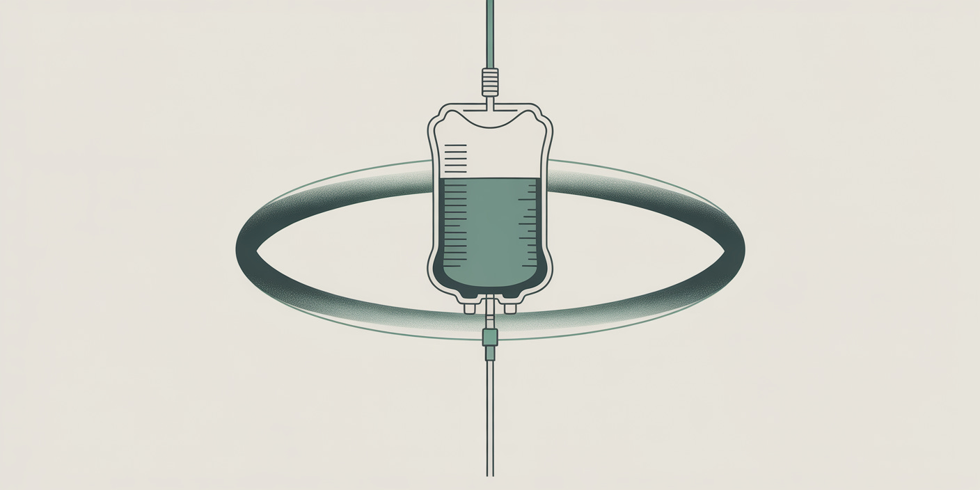 Illustration of an oncology IV drip bag surrounded by a green support ring, representing supportive care infrastructure around cancer treatment.