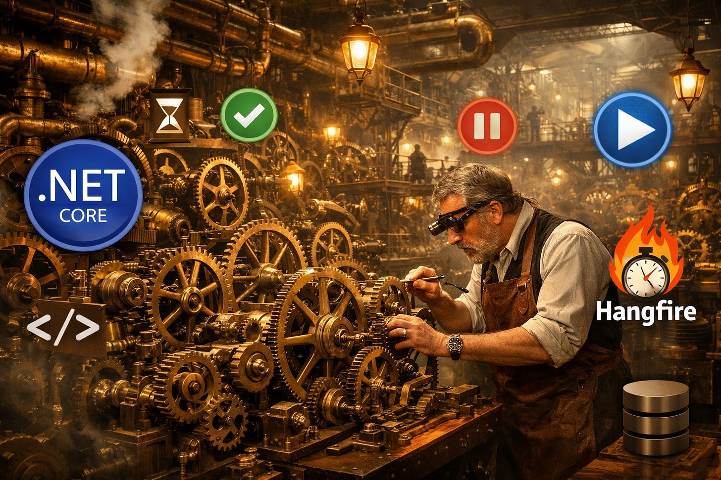 Craftsman adjusting gears in steampunk factory with .NET Core and Hangfire logos overlaid. Craftsman adjusting gears in steampunk factory with .NET Core and Hangfire logos overlaid.