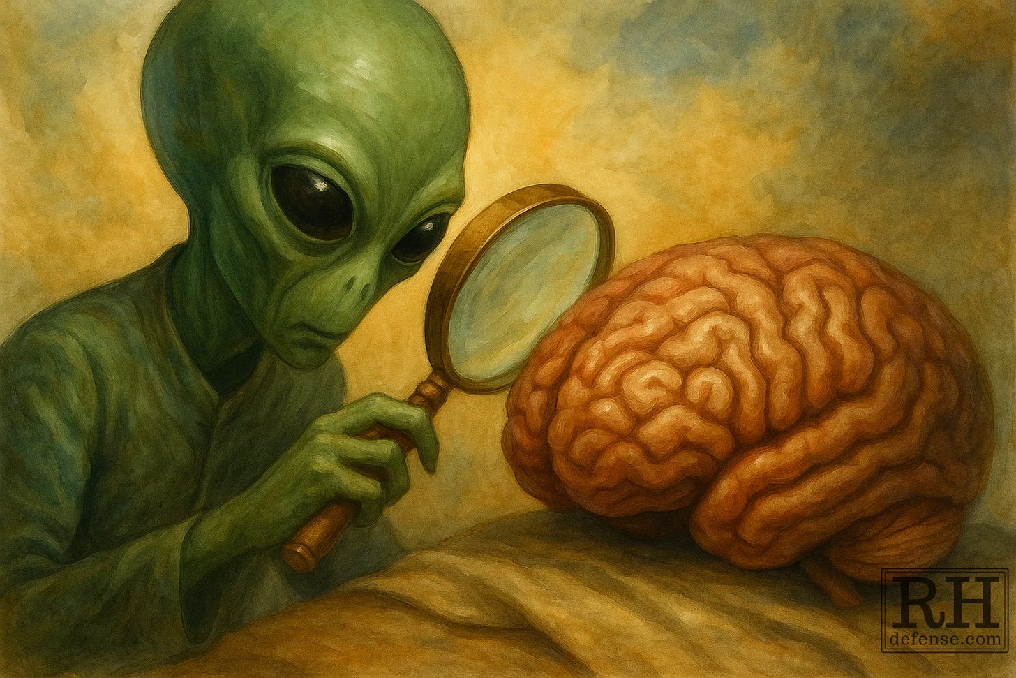 A watercolor-and-oil painting of a Martian scientist examining a glowing human brain in a surreal laboratory. The Martian, calm and inquisitive, peers closely at the brain as faint colors and light patterns swirl within it, representing subjective experience. Scientific instruments and ethereal light surround them, blending the scientific and the philosophical in an image of curiosity and mystery.