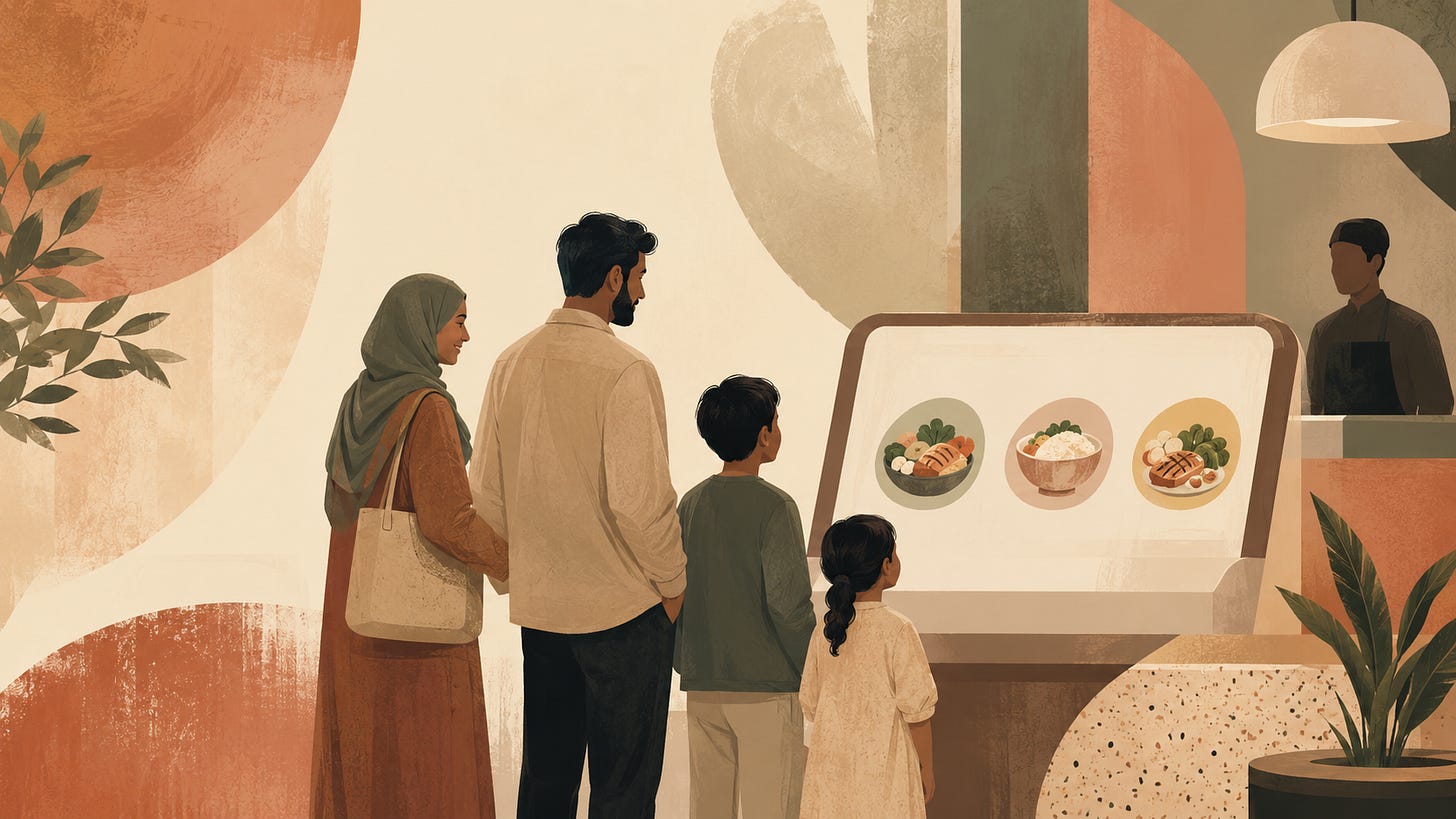 Family reviewing meal options at a restaurant kiosk while a staff member waits behind the counter