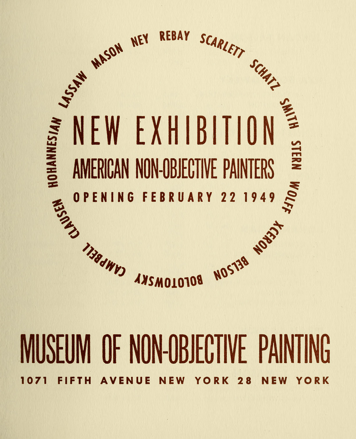 New Exhibition: American Non-Objective Painters, Museum of Non-Objective Painting, New York, NY, Opening February 22, 1949 [The Guggenheim Museums and Foundation, New York, NY]