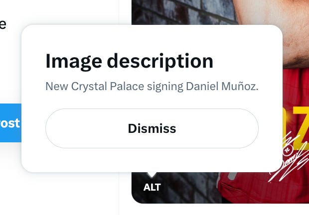 A screenshot of alt text on a Crystal Palace X post that reads "New Crystal Palace signing Daniel Munoz" A screenshot of alt text on a Crystal Palace X post that reads "New Crystal Palace signing Daniel Munoz"