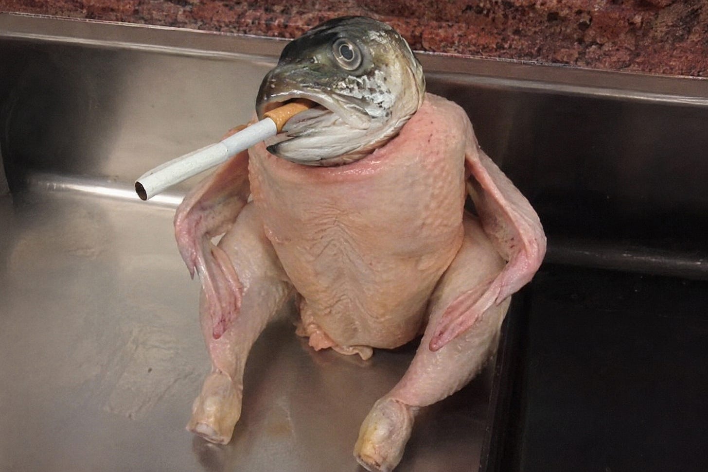 A fish head with a cigarette in its mouth, stuck on an uncooked chicken. Yes, you read that right.