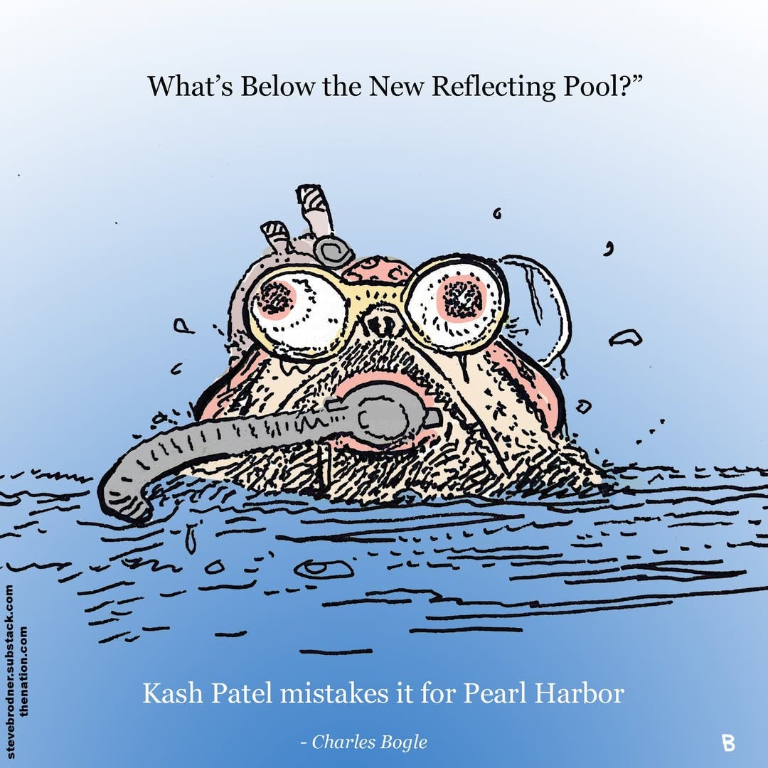 May be a doodle of ‎text that says '‎What's Below the New Reflecting Pool?" مم a Kash Patel mistakes it Kash.PatelmistakesitforPearHarb forPearl for Pearl Harbor -Charles Bogle‎'‎