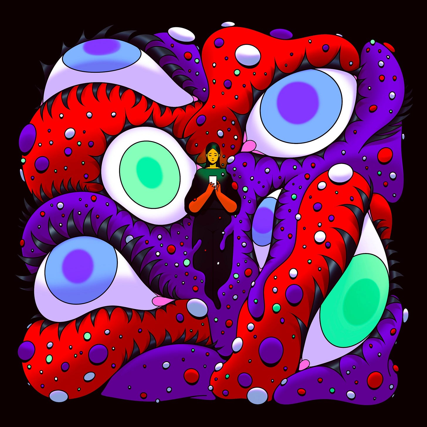 An illustration of woman on phone being enveloped in an oozy blob with eyes. An illustration of woman on phone being enveloped in an oozy blob with eyes.