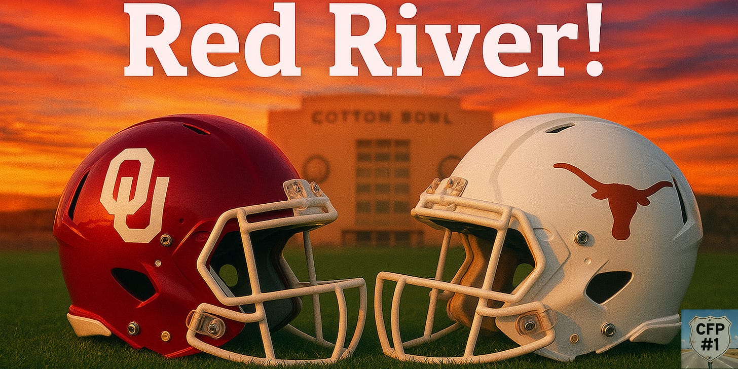Oklahoma Sooners and Texas Longhorns football helmets facing off on vibrant green turf at the Cotton Bowl under dramatic red-orange sunrise colors, with a text overlay reading “Red River!” Deals on seats, fan gear, and premium coverage of the Red River Rivalry at www.NattyRoad.com