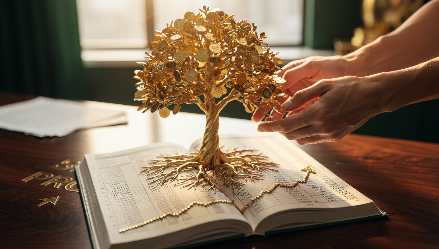 Photorealistic wide-format editorial image: a close-up of two hands carefully watering a small but strong golden tree growing directly from the center of an open financial ledger book. The tree's roots are made of intertwined balance sheet numbers and accounting entries. The leaves are small golden coins catching warm sunlight. Around the base of the tree, a subtle upward-trending graph line is engraved into the wooden desk surface. The background is softly blurred — a warm office environment with natural morning light streaming through large windows. Color palette: deep forest green, warm gold, ivory white, and rich walnut brown. Macro photography style, 85mm lens, shallow depth of field, premium editorial quality. 16:9 aspect ratio. No text, no watermarks.