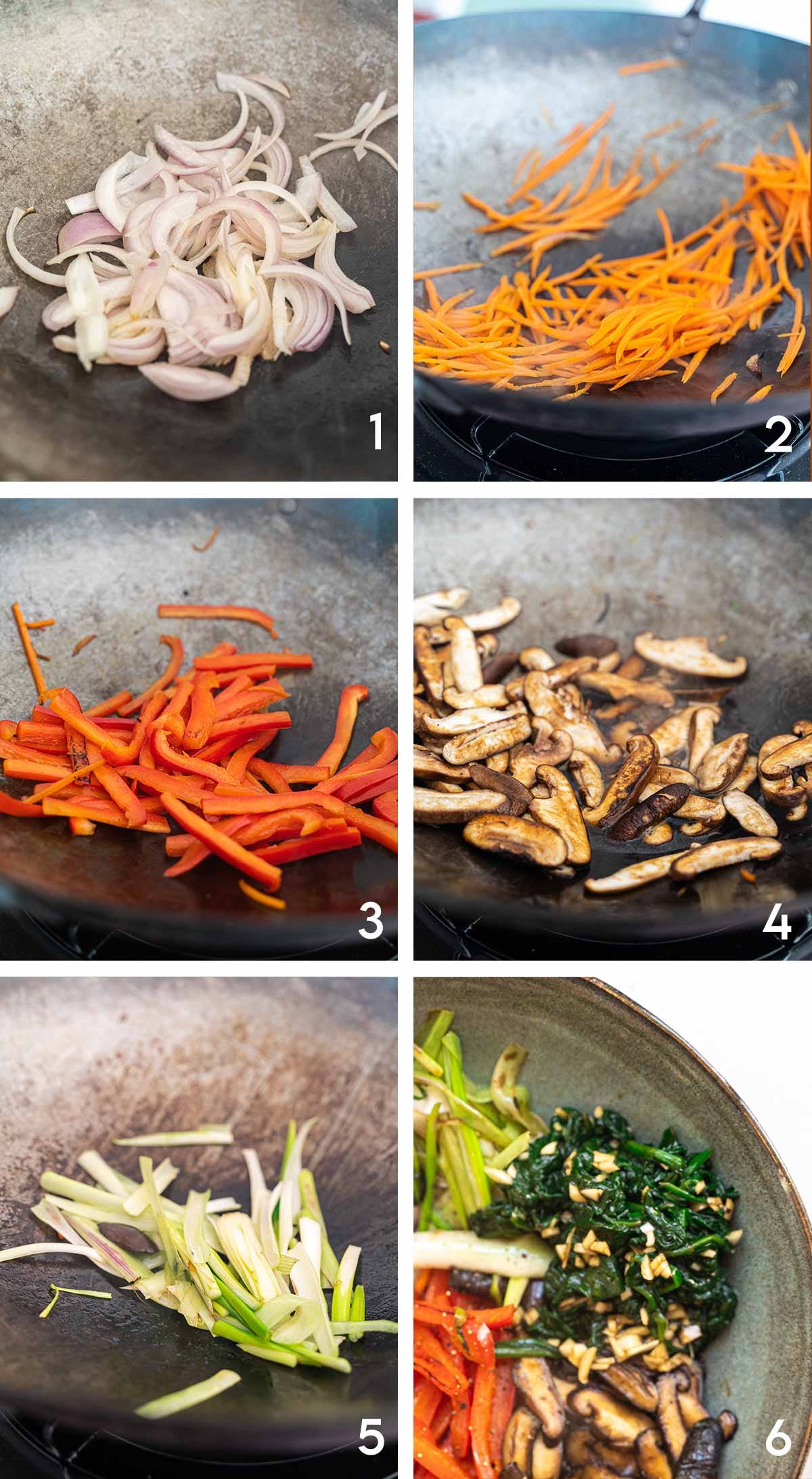 Cooking the veggies for Korean Japchae separately. First onion, then carrots, red peppers, shiitake mushrooms, and spring onions. 