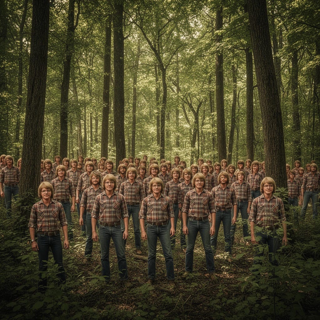 Multiple clones of John Denver the folk singer, with mop haircut, wearing glasses looking developmentally disabled in the woods