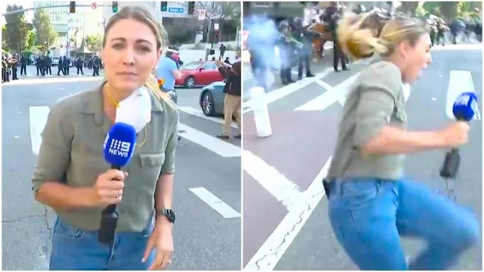 image of blonde reporter facing camera, then image of her clutching her leg in pain
