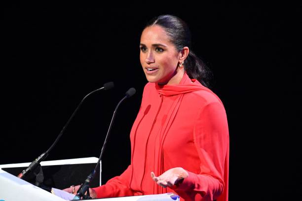 Britain's Meghan, Duchess of Sussex delivers a speech on stage during the annual One Young World Summit at Bridgewater Hall in Manchester, north-west...