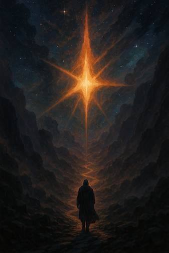 A person walking in a tunnel with a star in the sky