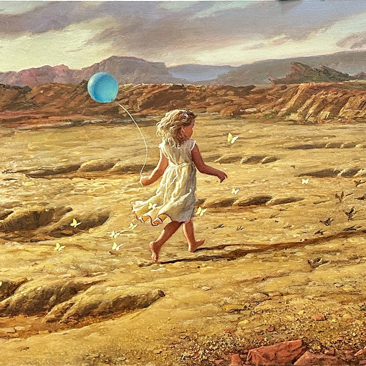 LEFT: Detail from FOOTSTEPS featuring a girl trailing a flight of butterflies as she glides over arid ground. Sunken around here are deep impressions of dinosaur footprints. Delicately she holds the string of a pale blue balloon, a striking cool contrast against the yellows and oranges of the background—a sip of color in the dry background around her. RIGHT: Figure detail from FOOTSTEPS featuring the motion of the girl’s blonde hair bobbing en masse with her motion. The hem of her dress similarly bounces behind her revealing her bare calves and feet.
