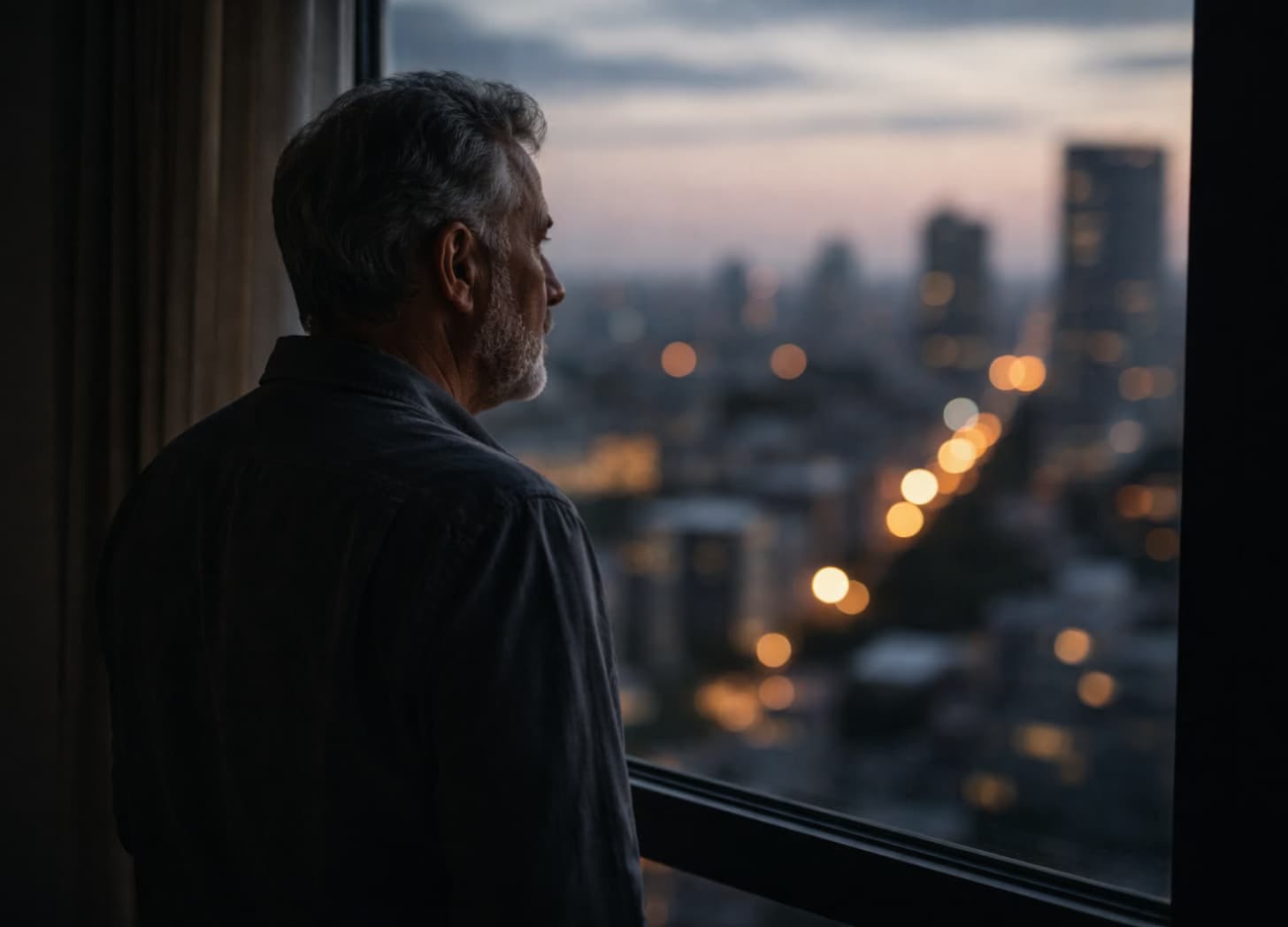 A man in his late 60s or early 70s standing at a window at dusk