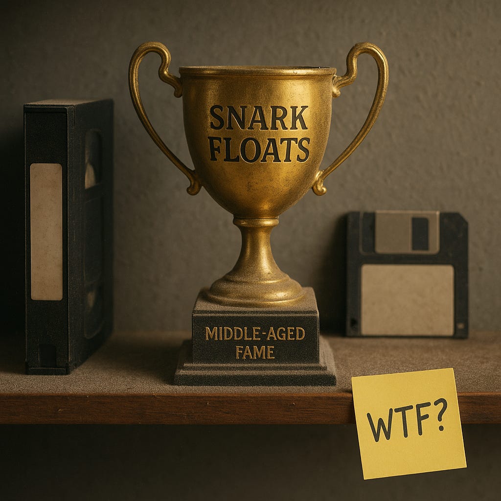 a dusty trophy labeled "Snark Floats" on the cup and "Middle-Aged Fame" on the plaque. Also on the shelf are dusty books, a floppy disk, and a post-it note that says "WTF?"