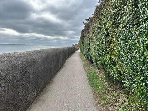 entrance, sign, ocean, trees, brush, railing, clouds